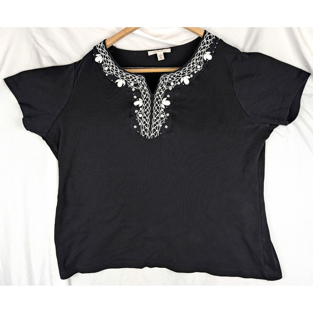 JM Collection Womens XL Black Cotton Beaded Embroidered Split Neck T-Shirt Top